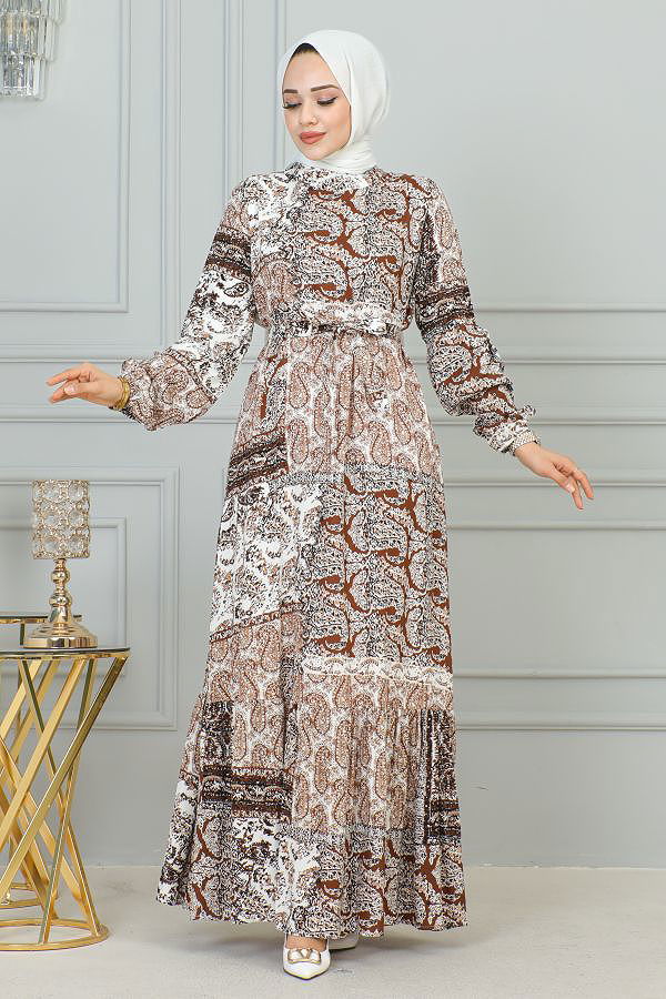 Etnik Desenli Eteği Fırfırlı Elbise-3164 Kahve