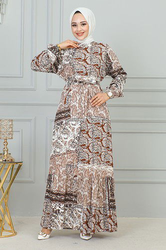 Etnik Desenli Eteği Fırfırlı Elbise-3164 Kahve - Thumbnail