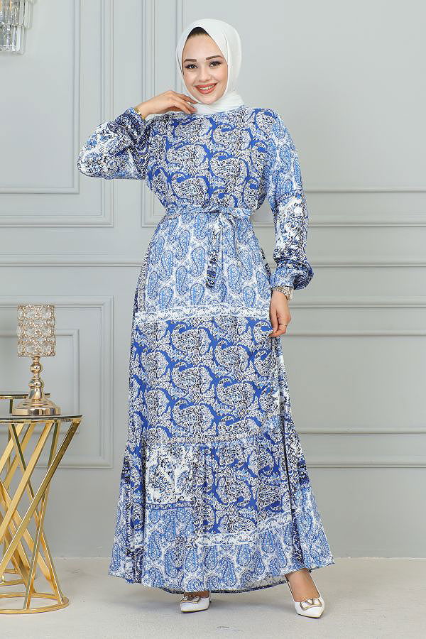 Etnik Desenli Eteği Fırfırlı Elbise-3164 Mavi