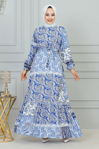 MY POLO - Etnik Desenli Eteği Fırfırlı Elbise-3164 Mavi (1)
