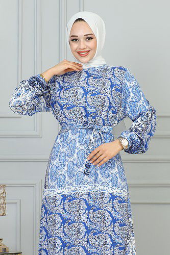Etnik Desenli Eteği Fırfırlı Elbise-3164 Mavi - Thumbnail