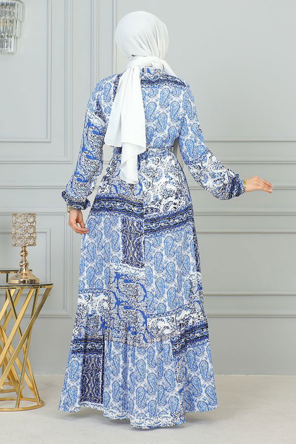 Etnik Desenli Eteği Fırfırlı Elbise-3164 Mavi