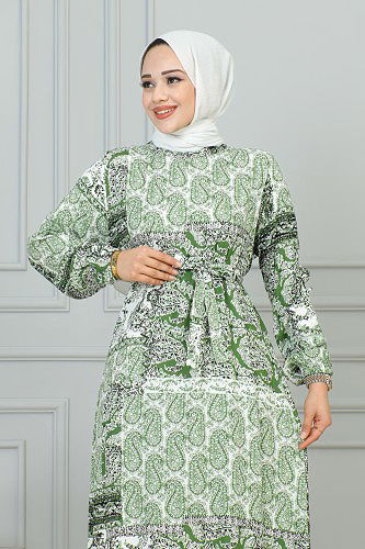 MY POLO - Etnik Desenli Eteği Fırfırlı Elbise-3164 Yeşil (1)