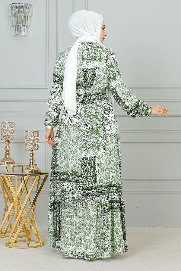 Etnik Desenli Eteği Fırfırlı Elbise-3164 Yeşil