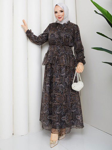 Modaebva - Etnik Desenli İkili Takım-5130 Kahve