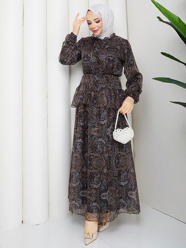 Etnik Desenli İkili Takım-5130 Kahve - Thumbnail