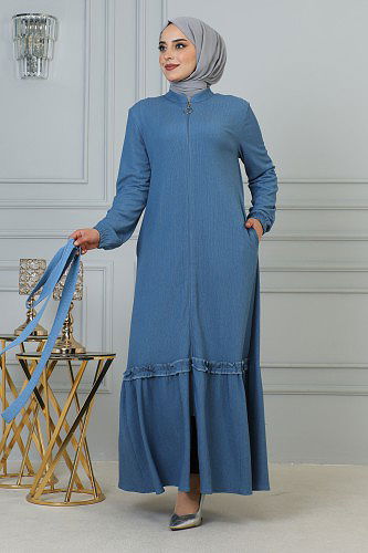 Modaebva - Fırfır Detay Fermuarlı Ferace-5544 Açık mavi (1)