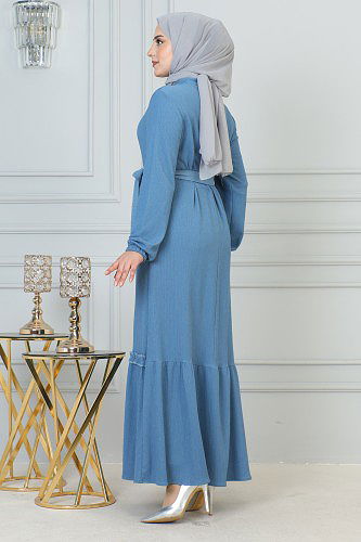 Fırfır Detay Fermuarlı Ferace-5544 Açık mavi - Thumbnail