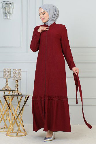 Modaebva - Fırfır Detay Fermuarlı Ferace-5544 Bordo