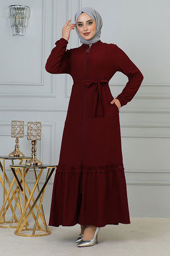 Modaebva - Fırfır Detay Fermuarlı Ferace-5544 Bordo (1)
