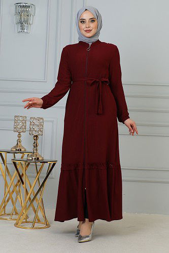 Fırfır Detay Fermuarlı Ferace-5544 Bordo - Thumbnail