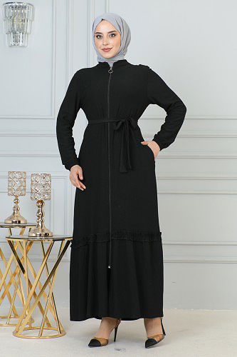 Modaebva - Fırfır Detay Fermuarlı Ferace-5544 Siyah