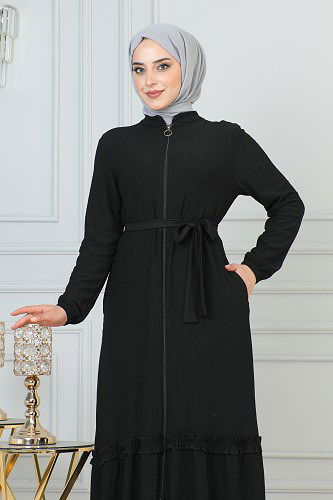 Modaebva - Fırfır Detay Fermuarlı Ferace-5544 Siyah (1)