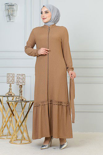 Modaebva - Fırfır Detay Fermuarlı Ferace-5544 Vizon