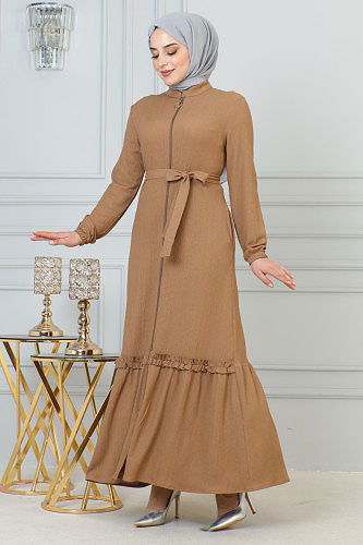 Modaebva - Fırfır Detay Fermuarlı Ferace-5544 Vizon (1)