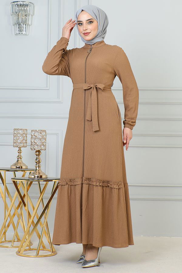 Fırfır Detay Fermuarlı Ferace-5544 Vizon