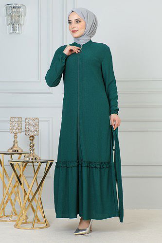 Modaebva - Fırfır Detay Fermuarlı Ferace-5544 Zümrütyeşili