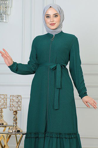 Modaebva - Fırfır Detay Fermuarlı Ferace-5544 Zümrütyeşili (1)