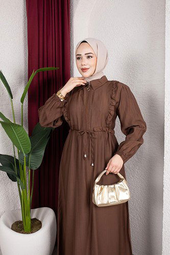Modaebva - Fırfır Detay Fermuarlı Tesettür Elbise-7882 Kahve (1)