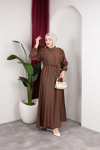 Fırfır Detay Fermuarlı Tesettür Elbise-7882 Kahve - Thumbnail