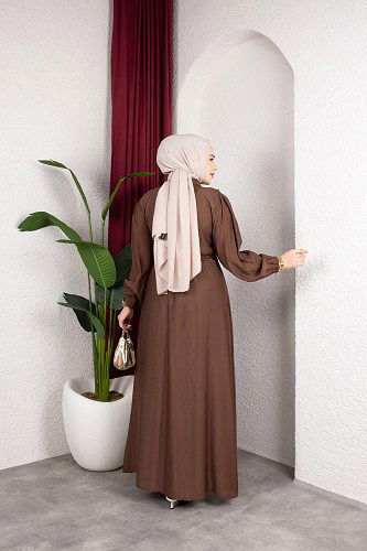 Fırfır Detay Fermuarlı Tesettür Elbise-7882 Kahve - Thumbnail