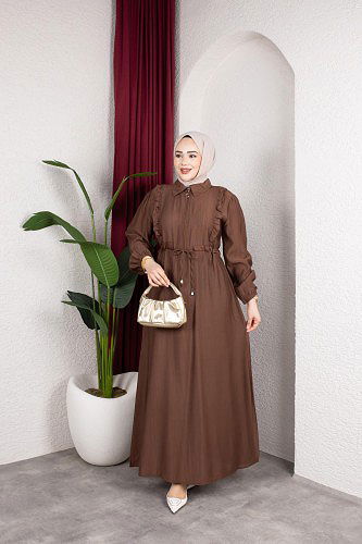 Fırfır Detay Fermuarlı Tesettür Elbise-7882 Kahve - Thumbnail