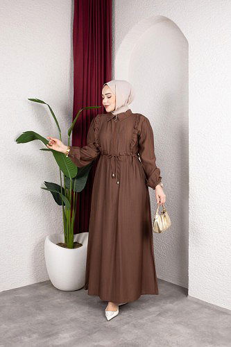 Modaebva - Fırfır Detay Fermuarlı Tesettür Elbise-7882 Kahve