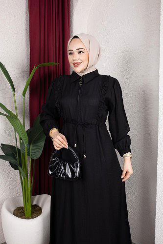 Fırfır Detay Fermuarlı Tesettür Elbise-7882 Siyah - Thumbnail