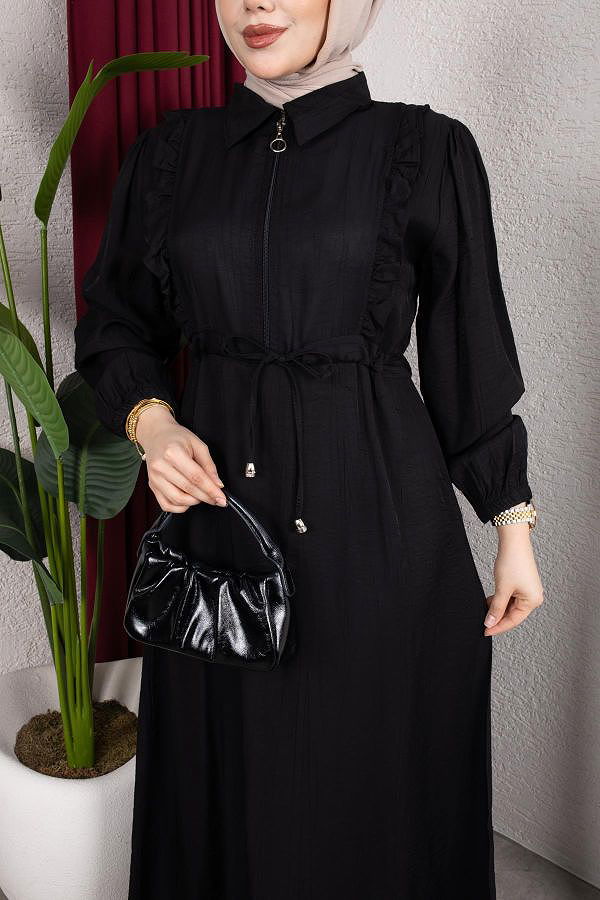 Fırfır Detay Fermuarlı Tesettür Elbise-7882 Siyah