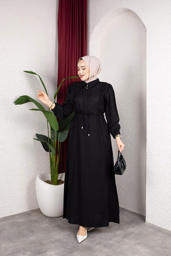 Fırfır Detay Fermuarlı Tesettür Elbise-7882 Siyah