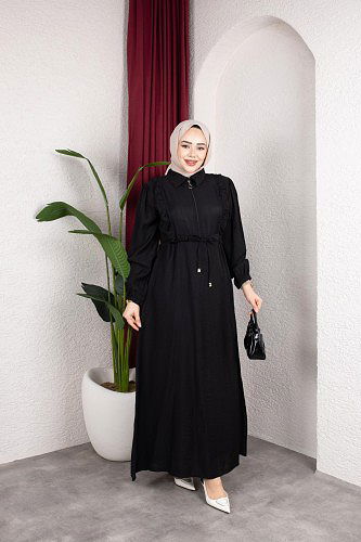 Fırfır Detay Fermuarlı Tesettür Elbise-7882 Siyah - Thumbnail