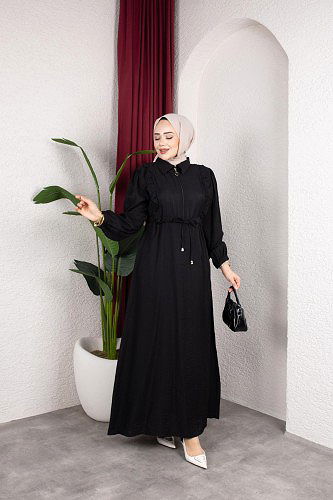 Modaebva - Fırfır Detay Fermuarlı Tesettür Elbise-7882 Siyah (1)