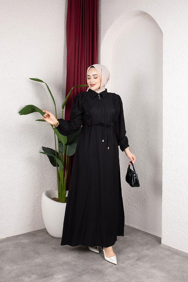 Fırfır Detay Fermuarlı Tesettür Elbise-7882 Siyah