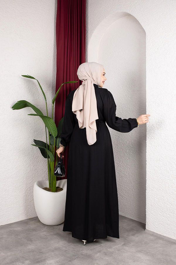 Fırfır Detay Fermuarlı Tesettür Elbise-7882 Siyah