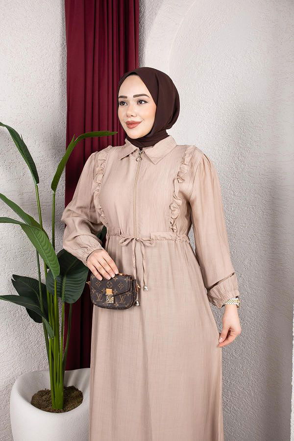 Fırfır Detay Fermuarlı Tesettür Elbise-7882 Vizon