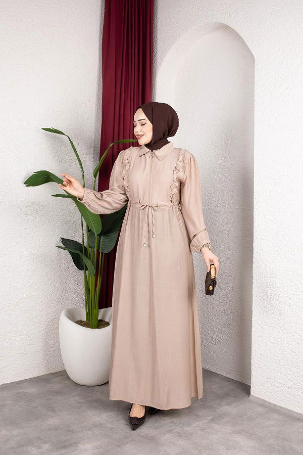 Fırfır Detay Fermuarlı Tesettür Elbise-7882 Vizon