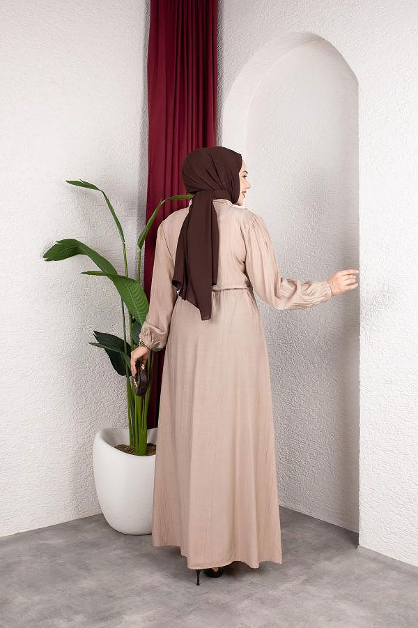 Fırfır Detay Fermuarlı Tesettür Elbise-7882 Vizon