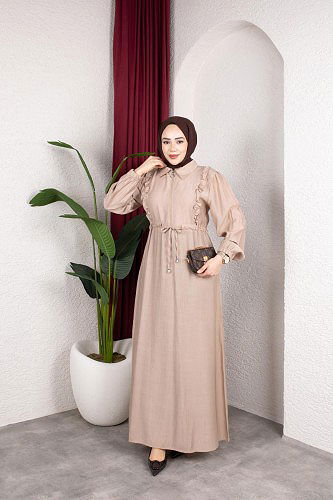 Fırfır Detay Fermuarlı Tesettür Elbise-7882 Vizon - Thumbnail