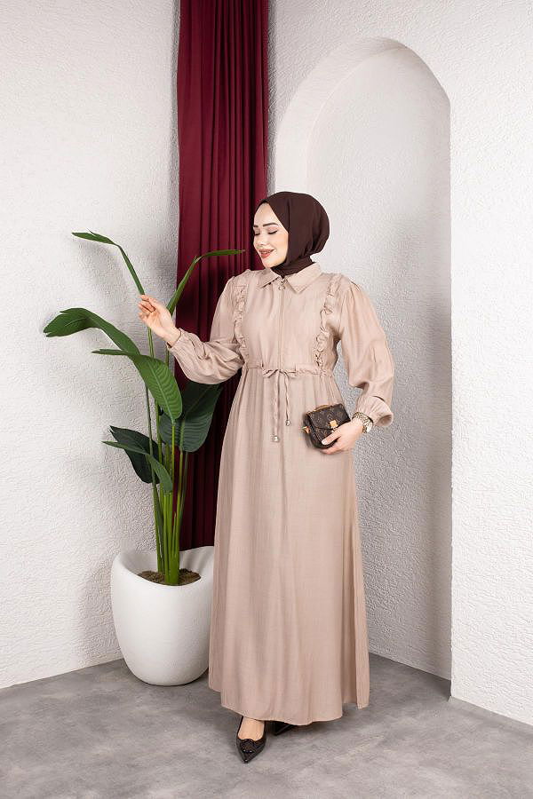 Fırfır Detay Fermuarlı Tesettür Elbise-7882 Vizon