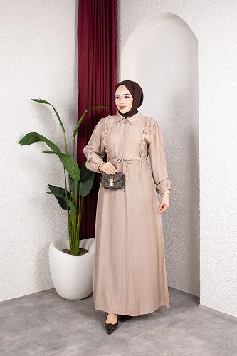 Fırfır Detay Fermuarlı Tesettür Elbise-7882 Vizon - Thumbnail