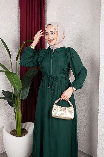 Fırfır Detay Fermuarlı Tesettür Elbise-7882 Yeşil - Thumbnail