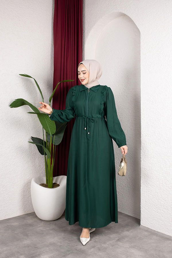 Fırfır Detay Fermuarlı Tesettür Elbise-7882 Yeşil