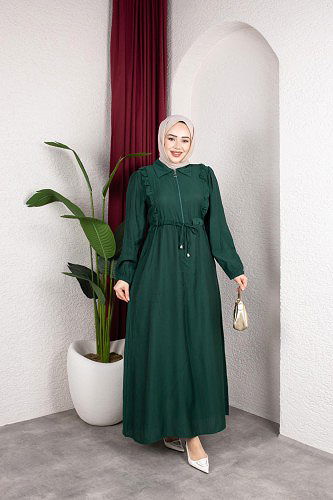 Fırfır Detay Fermuarlı Tesettür Elbise-7882 Yeşil - Thumbnail