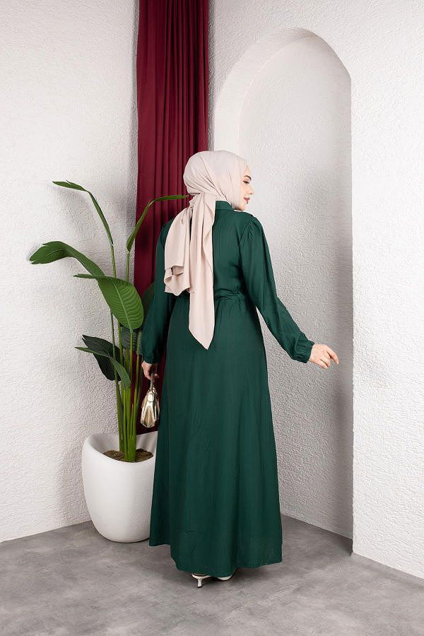 Fırfır Detay Fermuarlı Tesettür Elbise-7882 Yeşil