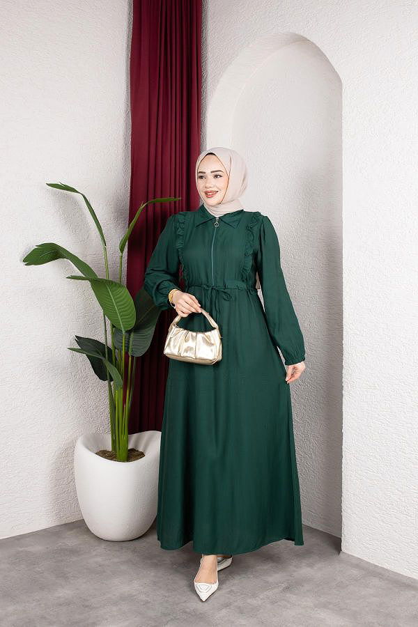 Fırfır Detay Fermuarlı Tesettür Elbise-7882 Yeşil