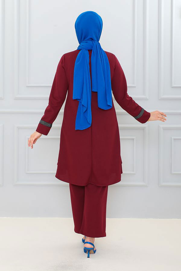 Fırfır Detay İkili Tesettür Takım-3130 Bordo