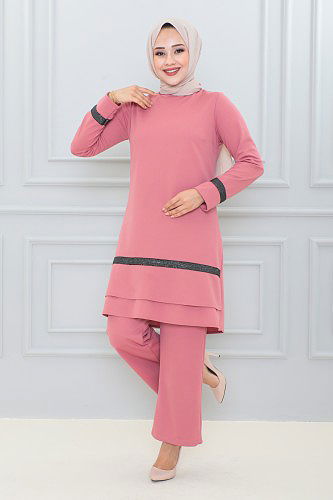 Fırfır Detay İkili Tesettür Takım-3130 Gülkurusu - Thumbnail