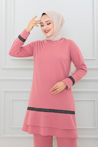 Fırfır Detay İkili Tesettür Takım-3130 Gülkurusu - Thumbnail