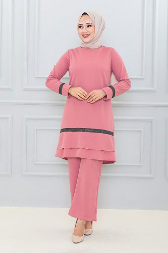 Fırfır Detay İkili Tesettür Takım-3130 Gülkurusu - Thumbnail