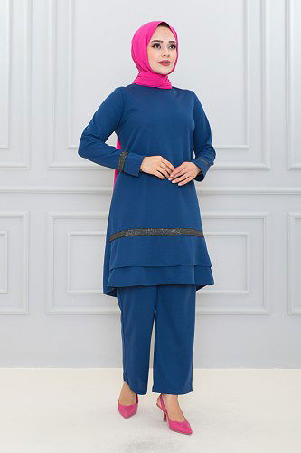 Fırfır Detay İkili Tesettür Takım-3130 İndigo - Thumbnail